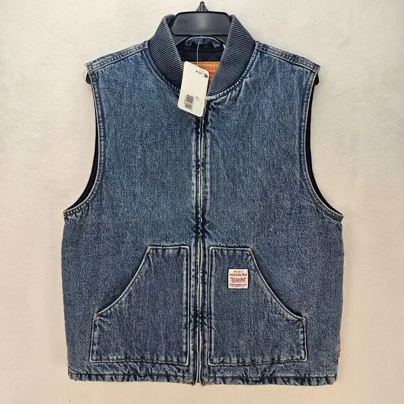 LEVI'S MEN'S SMALL DENIM QUILTED RELAXED VEST FULL ZIP VINTAGE INDIGO NWT - Picture 1 of 8